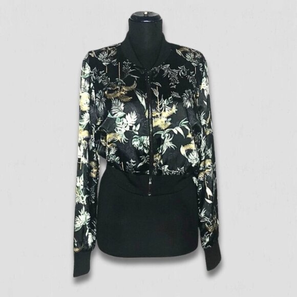 Victoria’s Secret Bomber Cropped Jacket Luxe Palm Satin Floral Silky Black Sz S - Picture 2 of 14